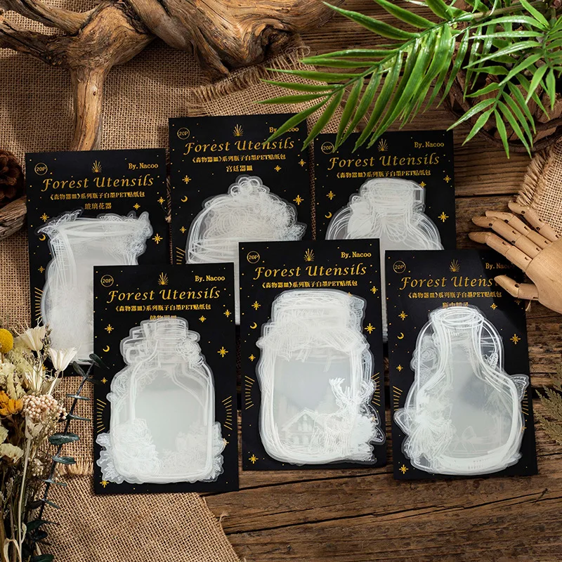 

20 Sheets Creative Transparent PET Waterproof Sticker Pack Glass Bottle DIY Journal Scrapbooking Decoration Stationery Stickers