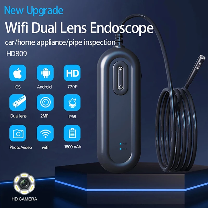 Фото 8MM/4.9mm Three lens Wireless Endoscope Camera 2MP HD WiFi IP68 Waterproof Hard Wire Sewer Borescope For Android and iPhone №1