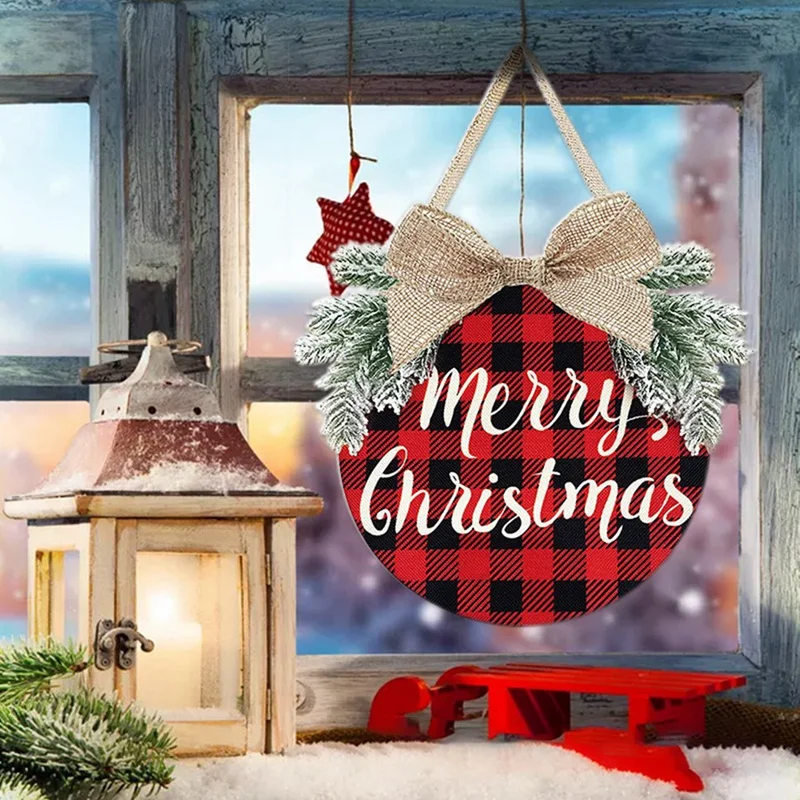 

Christmas Wreaths For Front Door, Christmas Decorations Plaid Merry Christmas Sign Hanging Sign For Home Wall Window
