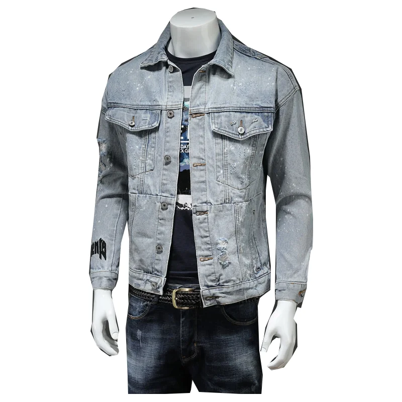 

Мужская джинсовая куртка с вышивкой букв, облегающая Мужская джинсовая куртка с отложным воротником, модная повседневная мотоциклетная джинсовая куртка, Мужская джинсовая куртка