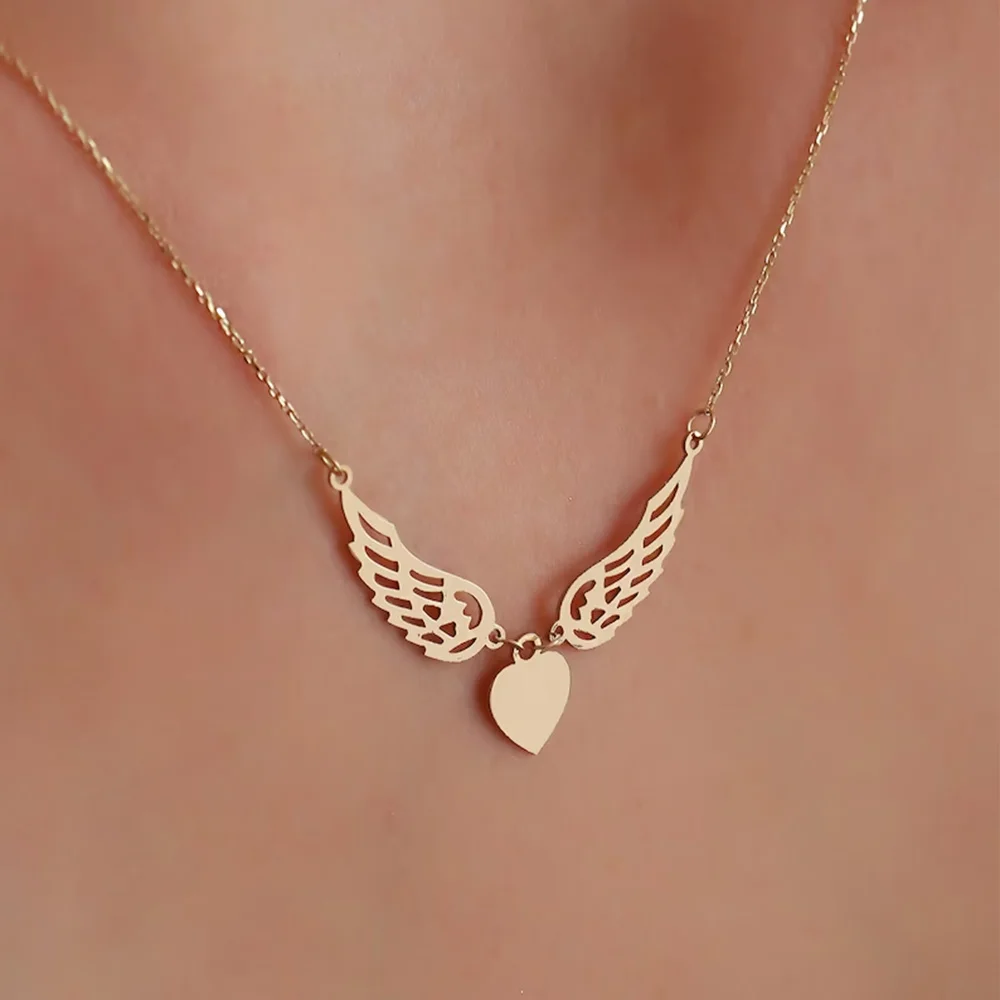 

Fashion Exquisite Necklace Wings And Love Ladies Temperament Collarbone Chain Stainless Steel O Chain Necklace Gift Wholesale