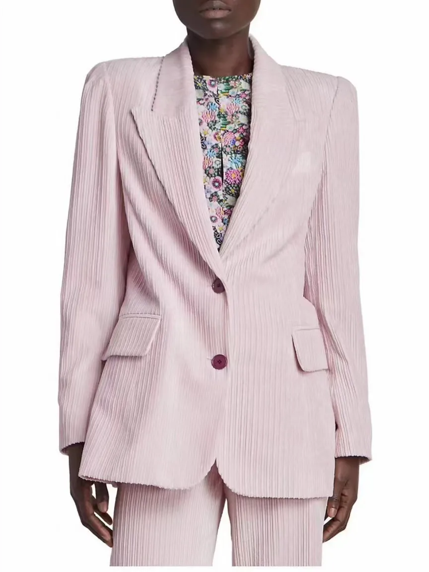 

Women Velvet Pink Blazer Single Breasted Cardigan Long Sleeve Slim Notched Simple Office Lady Suit Coats