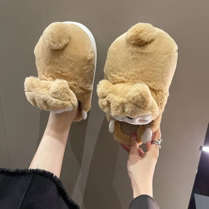 Фото Женские пушистые теплые тапочки Size36-45 Hug с животными, плоская подошва, горячие толстые пушистые тапочки 2022 Ins №4