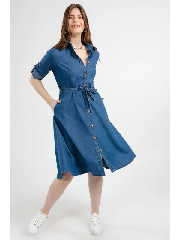 

Women Belted Long Sleeve Jeans Shirt Dress Y20S110-1924 Women Summer Dress Casual Long Prom Midi Maxi