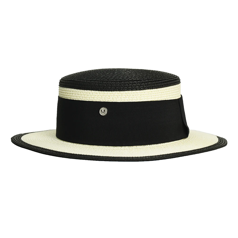 

Straw Hat Women Wide Brim Sun Protection Beach Hat Black and White Ribbon Bowknot Straw Cap Casual Ladies Flat Top Panama Hat