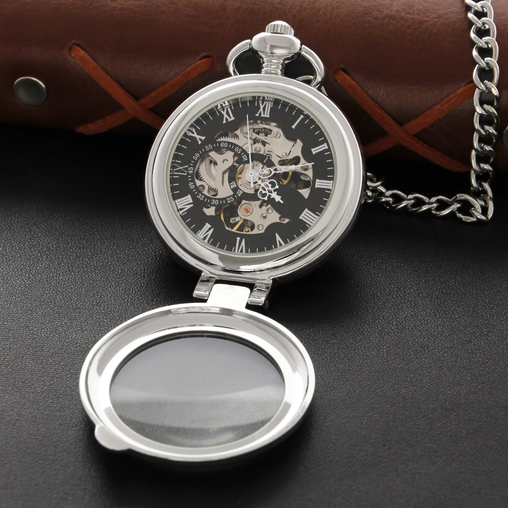 Transparent Case Silver Single Sided Mechanical Pocket Watch Men's Necklace Pendant Clock Retro Gentleman Accessories