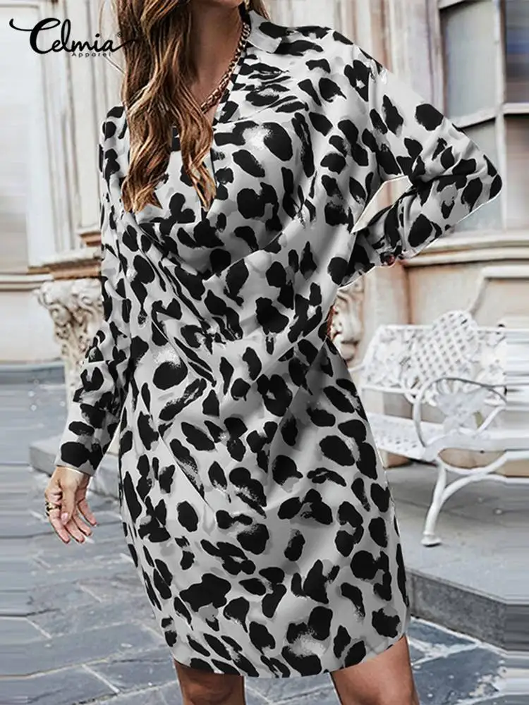 

Celmia Streetwear Casual Shirt Vestido Leopard Printed Lapel Cowl Neck Long Sleeve Women Short Sundress 2022 Summer Mini Dress