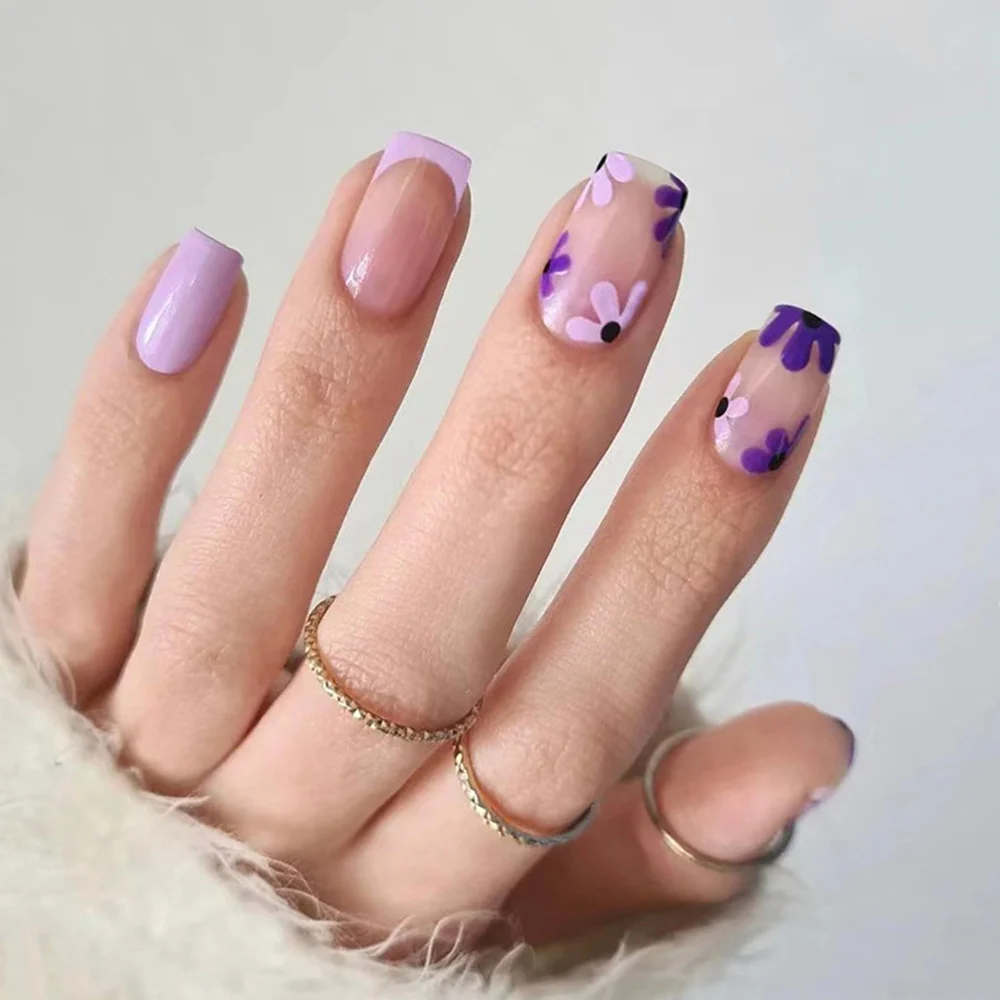 

Cute Purple Flower False Nails Press On Nails French Square Head Fake Nails With Design Wearable Full Cover Short Manicure