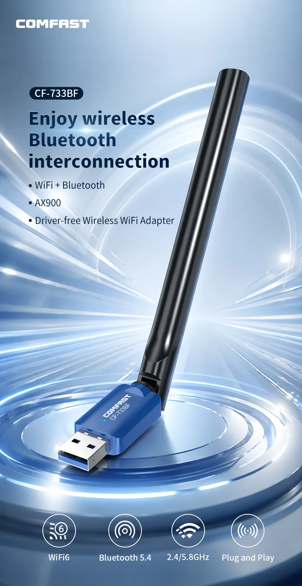 Фото COMFAST CF-733BF AX900 WiFi6 Bluetooth5.4 USB-адаптер, двухдиапазонная беспроводная сетевая карта 2,4G/5 ГГц для настольных ПК, Win10/11, Linux ﻿ №1