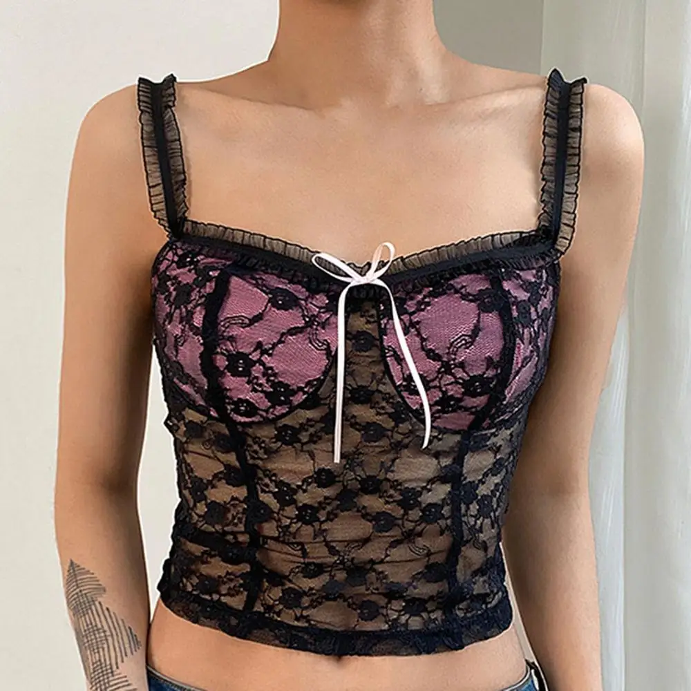 

Sexy Women Sleeveless Crop Top See Through Mesh Floral Lace Slim Camisole Vest Open Back Short Vest Wear Inside And Outside Tank