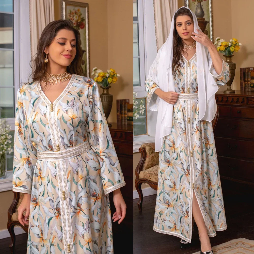 

Muslim Belted Printed Abayas for Women V Neck Split Hem Elegant Party Dress Vestidos Hijabs Head Scarf Fashion Robe Long Kaftan