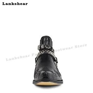 Thick Heel Pointed Metal Decoration Leather Boots Men Ankle Boots Chelsea Boots Large Size 38-48 Ankle Boots Man Shoes Winter