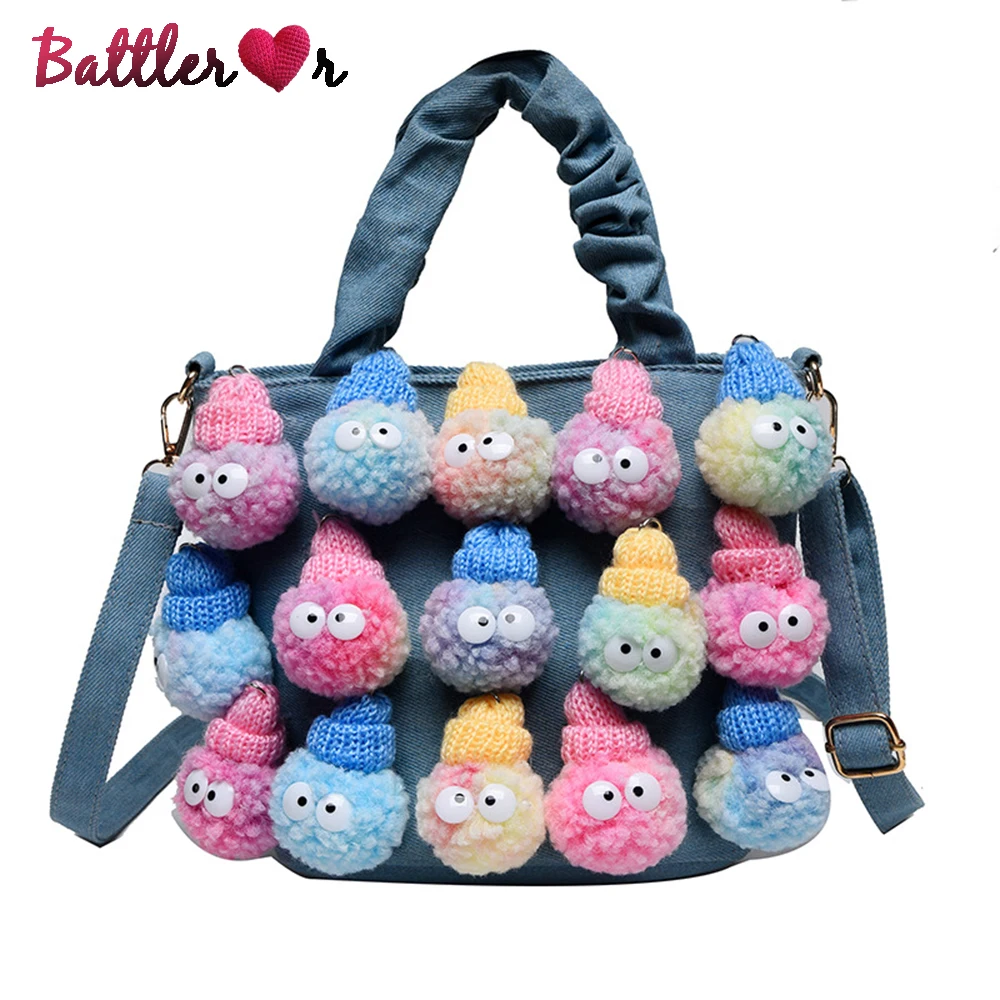 

Fashion Women Denim Bucket Cartoon Toy Decoration Handbags and Purses For Female Cute Dolls Design Shoulder Bags Crossbody Bags