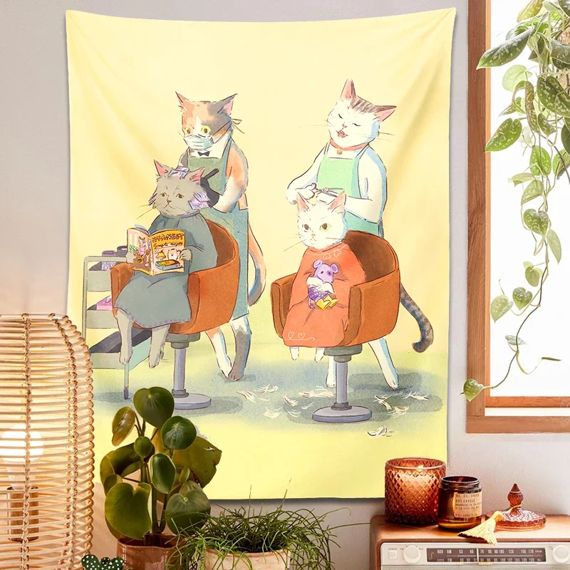 Гобелен с мультяшным котом на стену ткань принтом в стиле бохо для стрижки милым