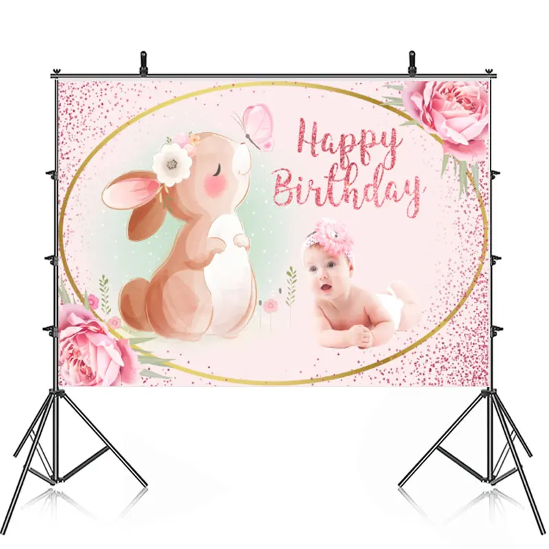 

Happy Christening Baptism Birthday Party Backdrop Photography Baby Shower Cute Bunny Rabbit Background Banner Custom Name Pic