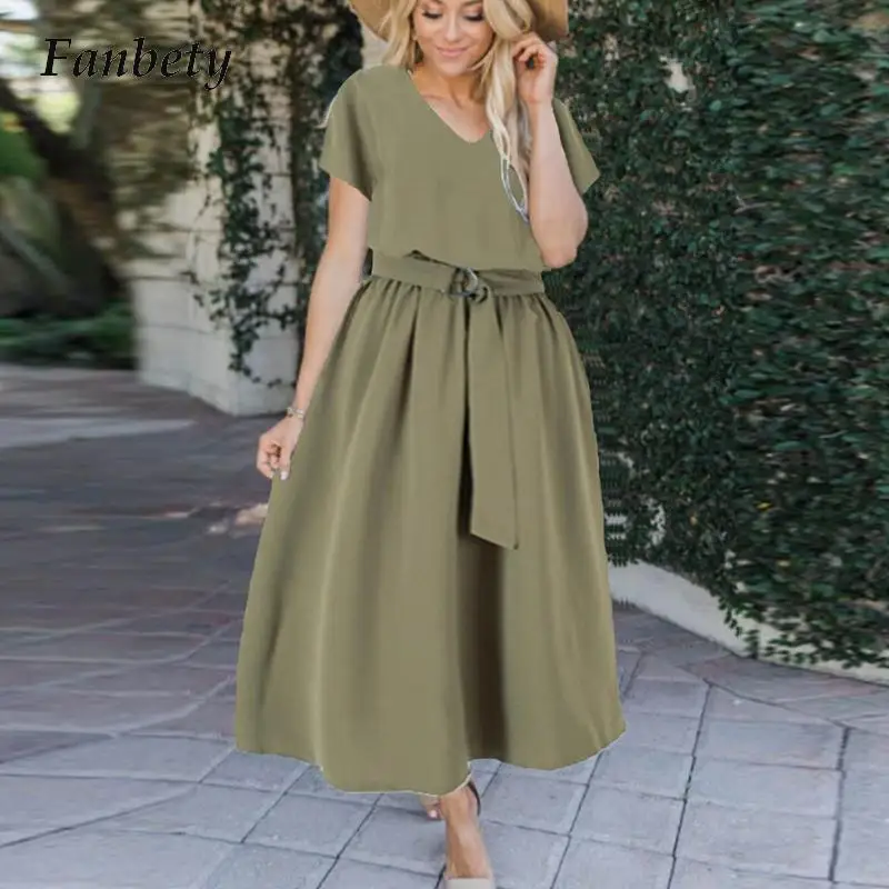 

Платье женское однотонное с V-образным вырезом, элегантный простой модный приталенный свободный сарафан на шнуровке, длинное с коротким рук...