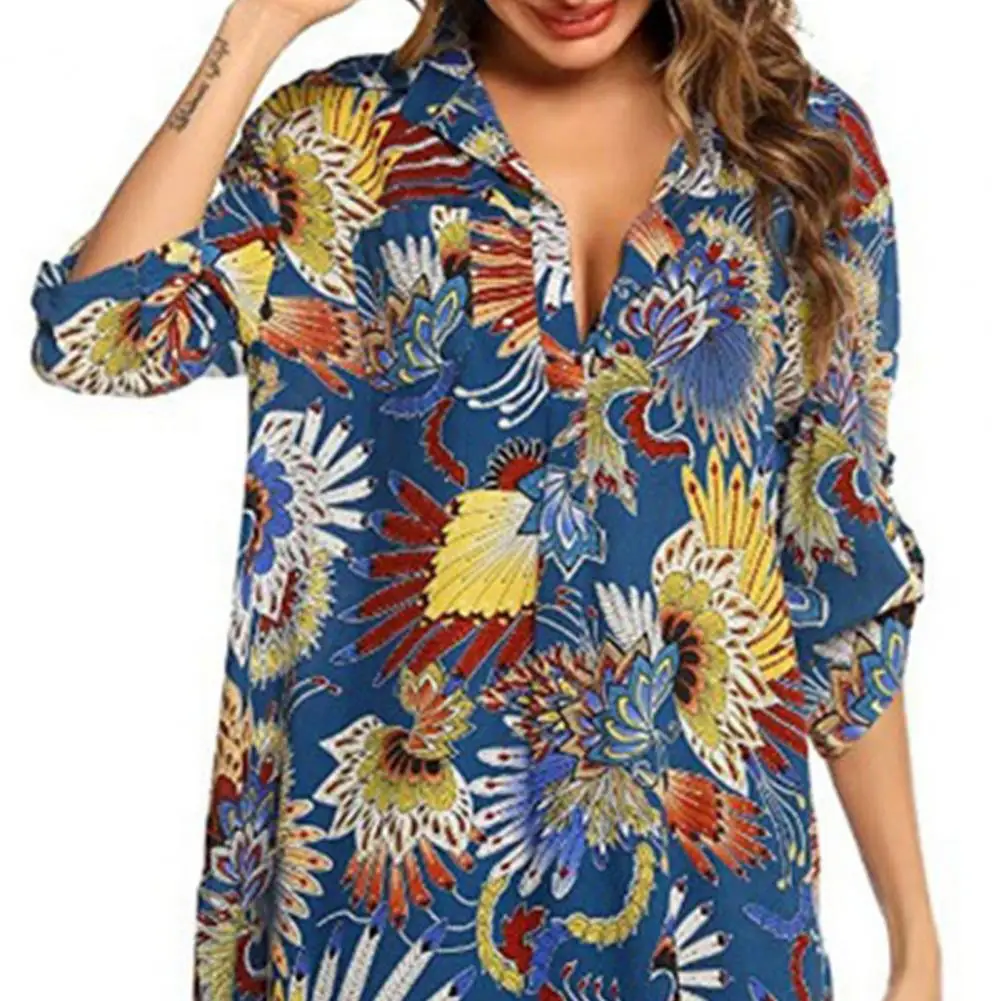 

Пляжное платье с отложным воротником, V-образным вырезом и длинным рукавом, накидка-рубашка, свободный крой, летнее тонкое солнцезащитное платье-рубашка с принтом, пляжная одежда