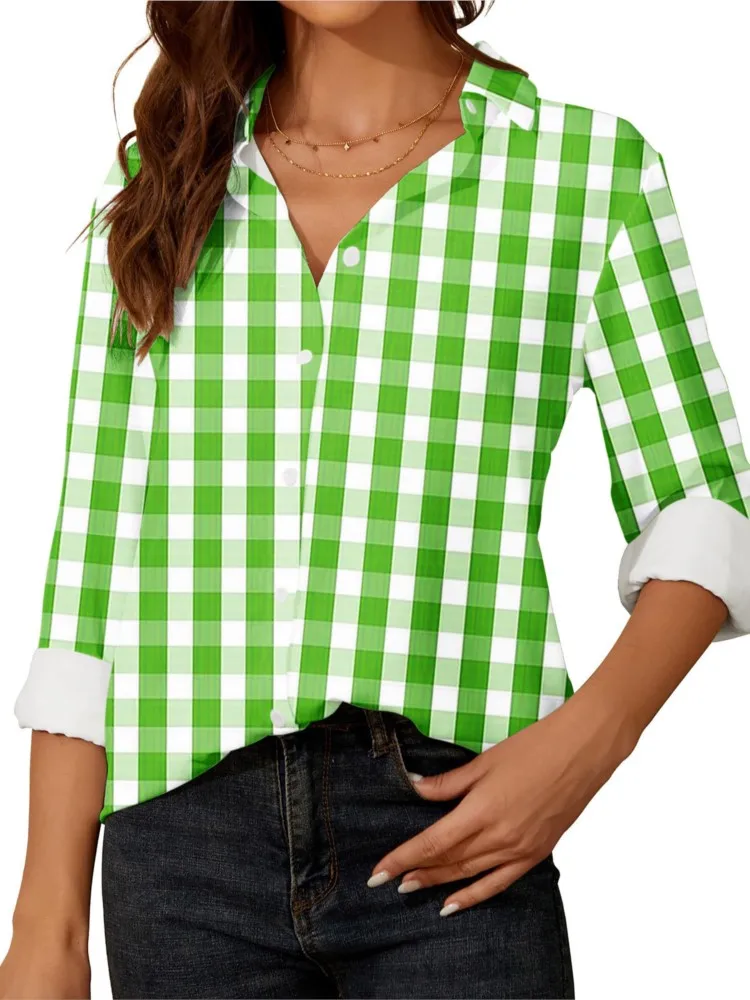 

Women Fashion Casual Plaid Print Buttons Loose Shirts Tops Spring Autumn Elegant Lapel Long Sleeve Office Lady Blouse Top 2024