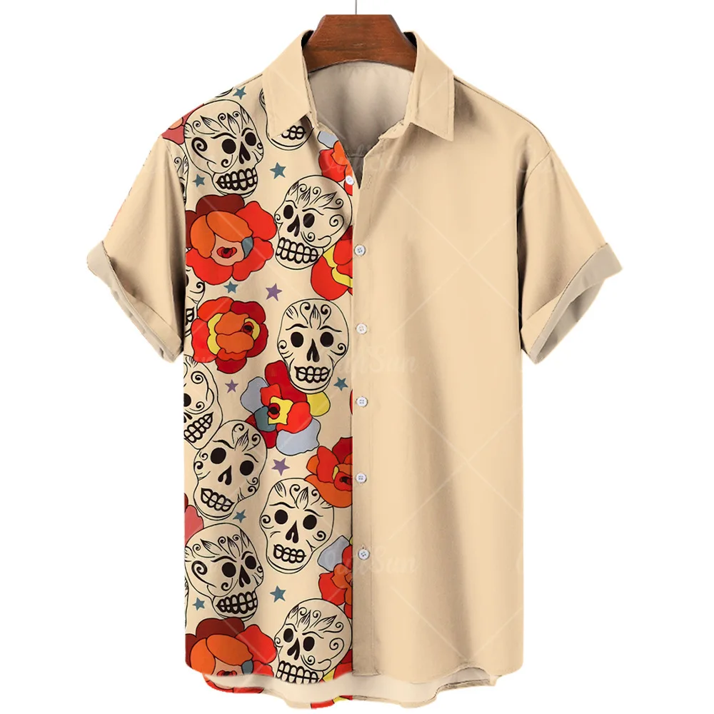 

Hawaiian Shirts For Men Skull Floral Print V Neck Short Sleeve Vintage Shirts Men Loose Oversized T Shirts Mens Clothing Camisa