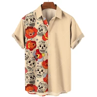 hawaiian shirts for men skull floral print v neck short sleeve vintage shirts men loose oversized t shirts mens clothing camisa