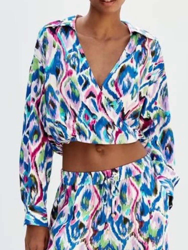 

Kumsvag 2023 Women Summer Short Blouses Shirts Tops Fashion Print V-Neck Long Sleeve Female Elegant Street Top Clothing