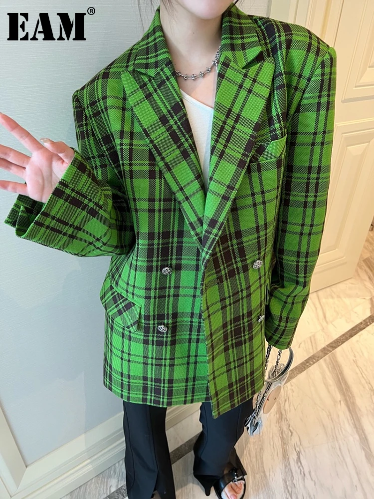 

[EAM] Women Green Plaid Casual Big Size Blazer New Lapel Long Sleeve Loose Fit Jacket Fashion Tide Spring Autumn 2022 1DE6802