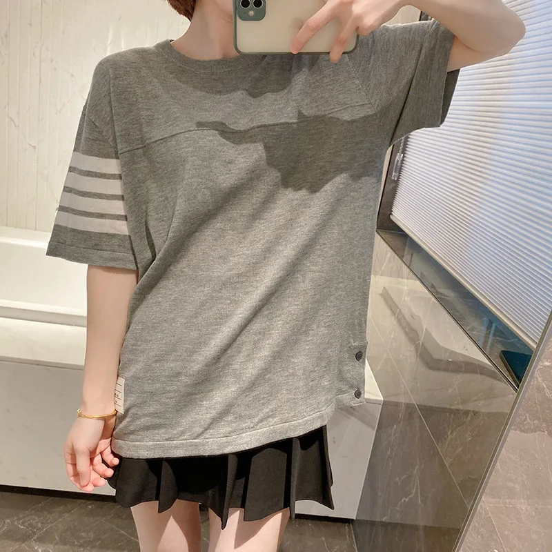 

Футболка мужская и женская с коротким рукавом, модная Свободная Повседневная рубашка с круглым вырезом, четыре бара, в Корейском стиле, лето