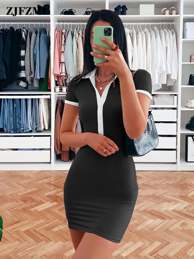 

Y2k Patchwork Ribbed Shirt Dress for Women Turn Down Collar Short Sleeve Package Hip Dress Elegant Fashion Mini Vestidos Female