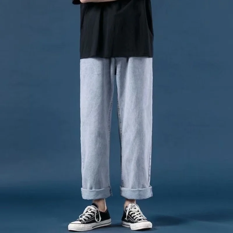 Men's Jeans Streetwear Korean Style Jeans Spring Summer Solid Color Loose Straight Jeans Men's Mid Waist Wide-Leg Jeans Trousers