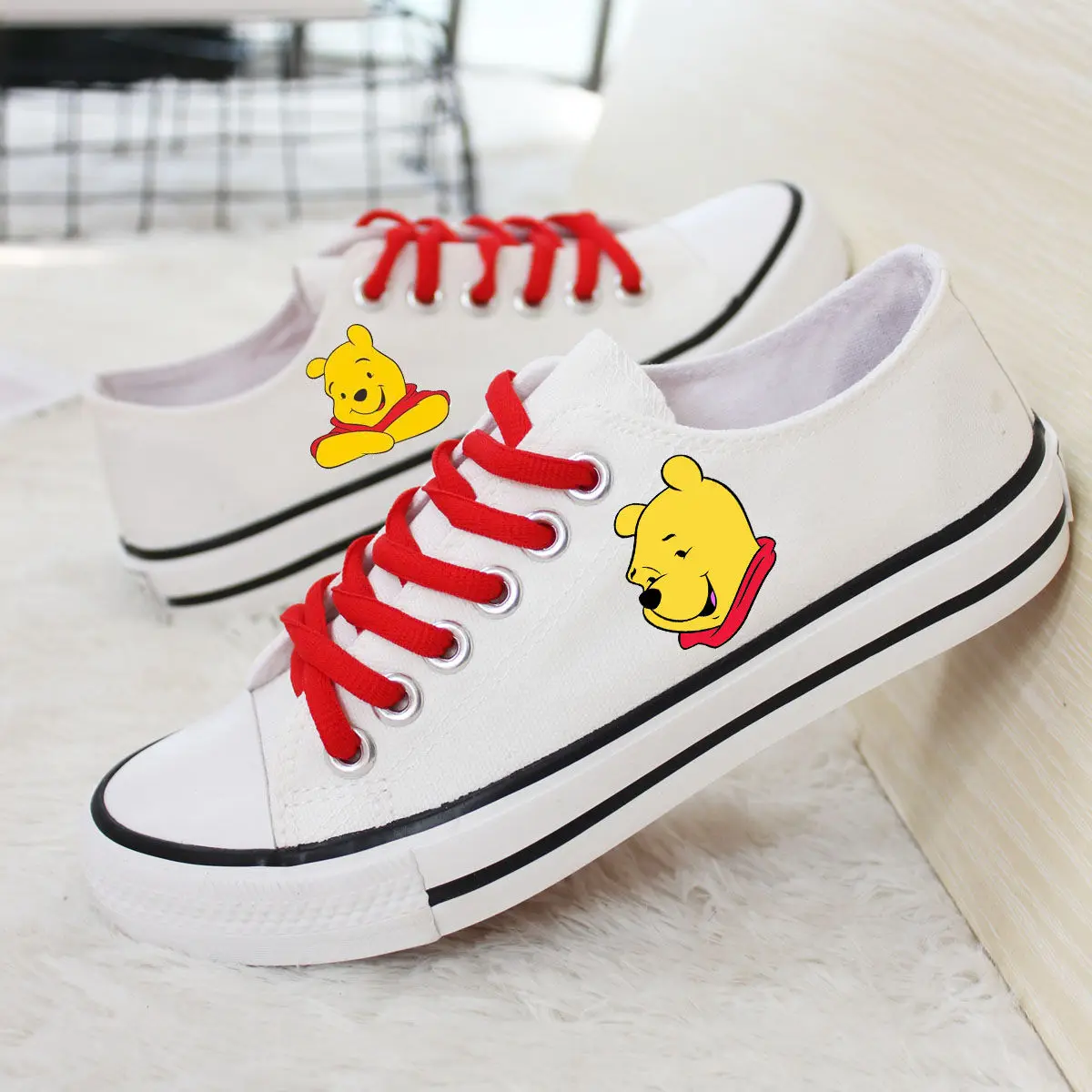 Disney New Winnie The Pooh Cartoon Casual Low-top Women's Shoes Men's Shoes Couple's White Shoes Flat Hand-painted Canvas Shoes