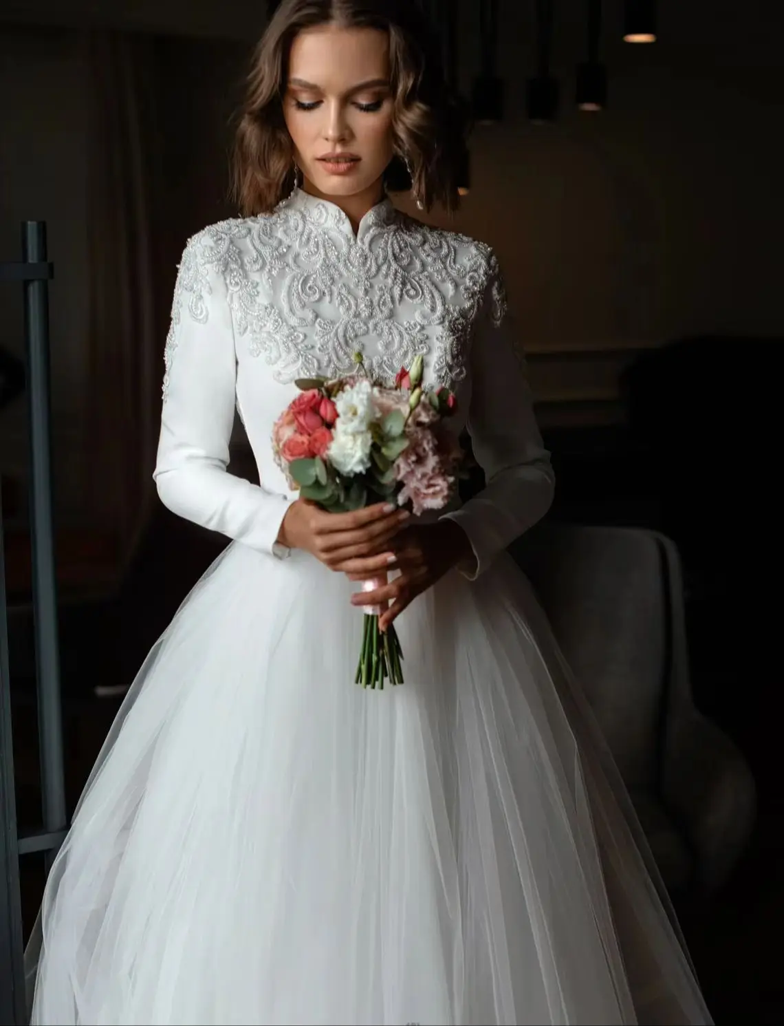 Вышитые бисером элегантные трапециевидные Свадебные платья с длинными рукавами