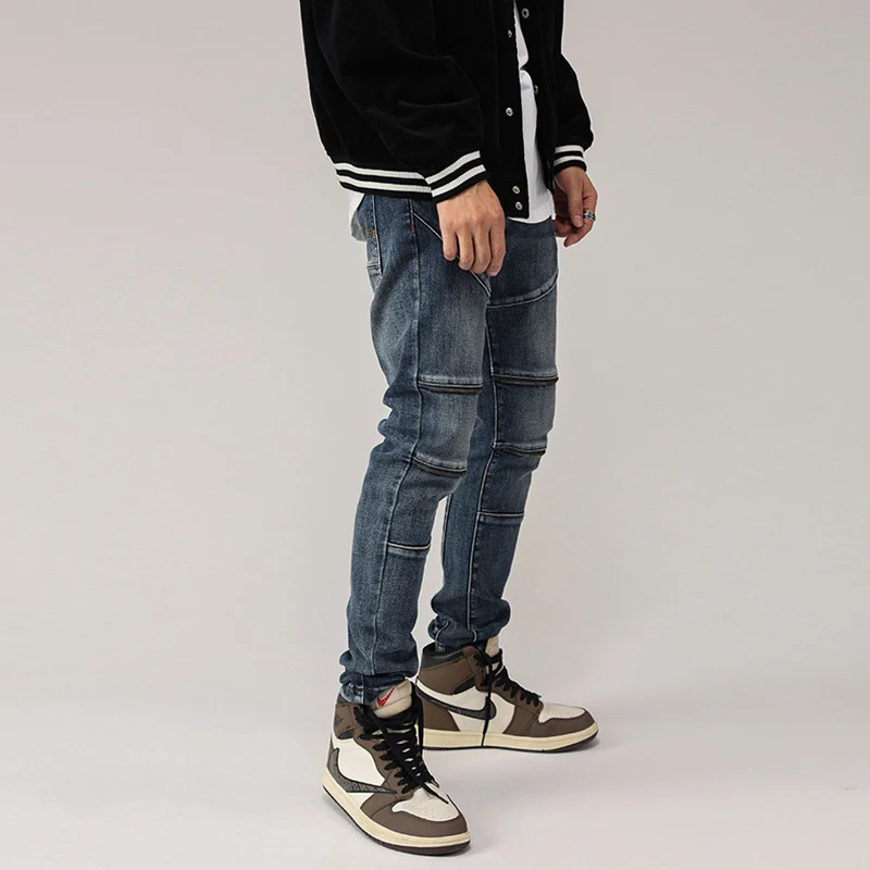 High Street Fashion Men Jeans Retro Blue Spliced Slim Fit Biker Jeans Men Elastic Trousers Zipper Designer Hip Hop Pants Hombre