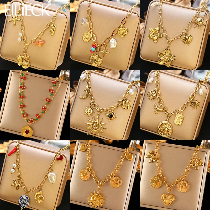 EILIECK 316L acier inoxydable soleil coeur fleur pendentif collier 18K plaqué or accessoires charme bijoux faits à la main pour femmes fille