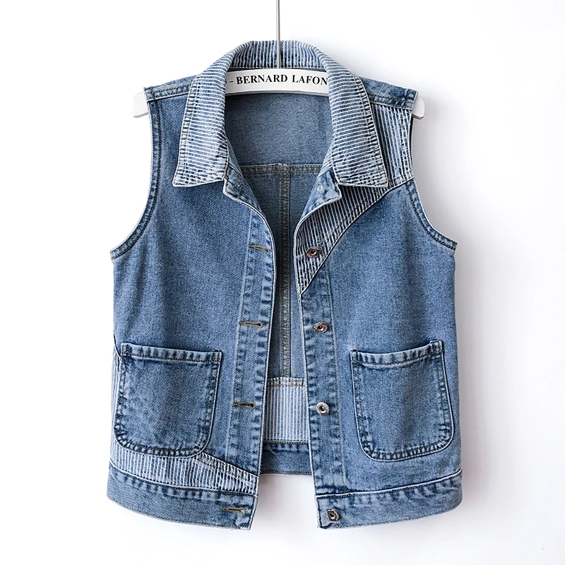 

Korean Stripe Splicing Denim Vest Women Vintage Waistcoat Slim Short Pocket Cowboy Sleeveless Jacket Casual Jeans Vests Female