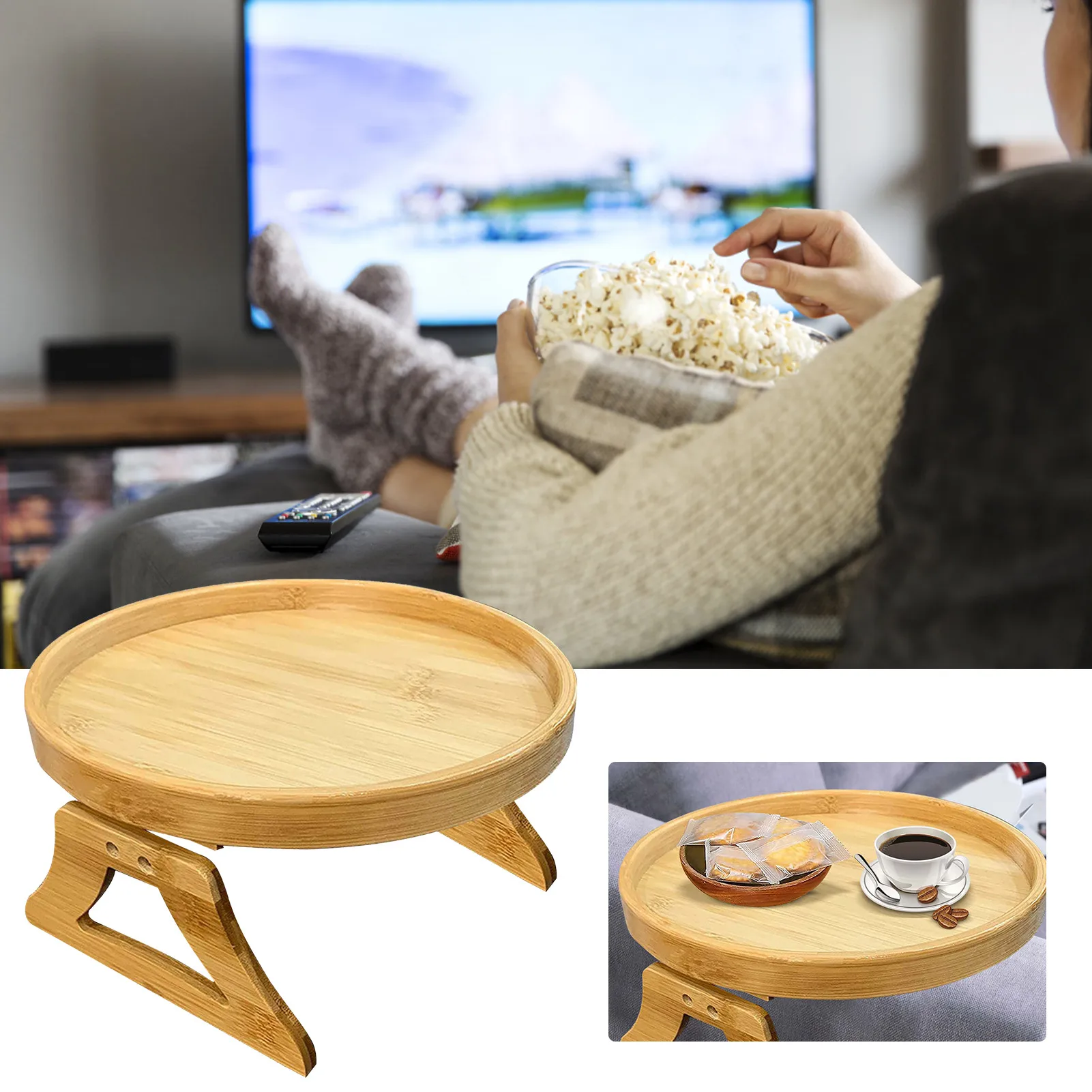 

Sofa Tray Table Sofa Armrest Clip-On Tray Natural Bamboo Sofa Tray Practical TV Snack Tray For Remote Control/Coffee/Snacks