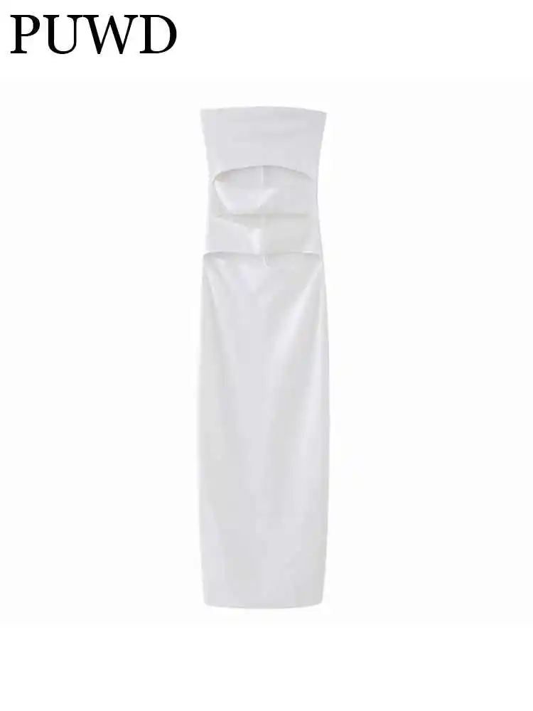 

PUWD Women Fashion Solid Color Soft Knit Midi Dress 2023 Summer Hollowed Vintage Sleeveless Female White Slim Bottoms Mujer