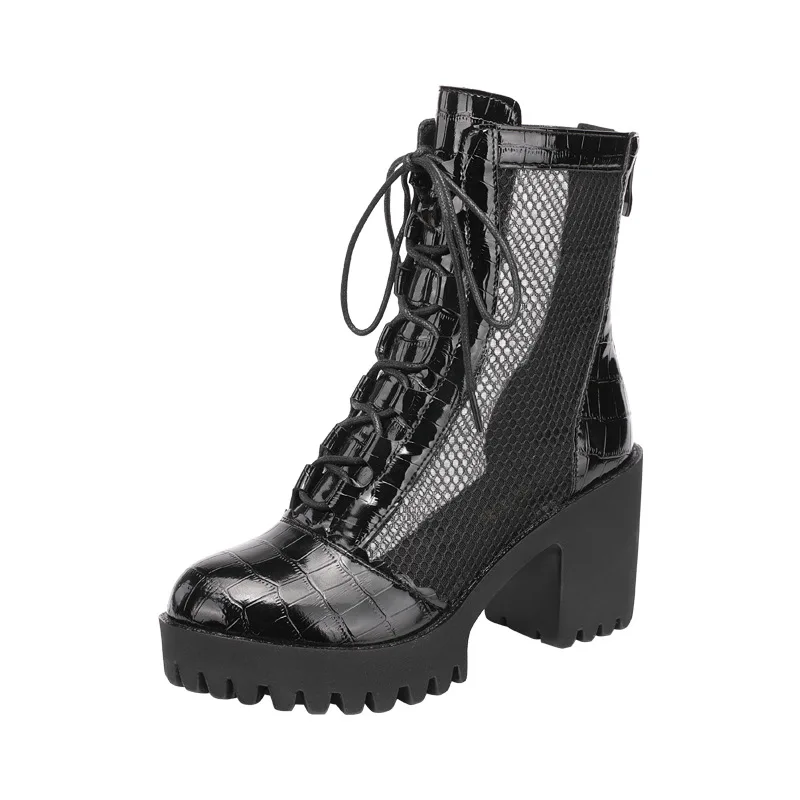 

Leather Mesh Martin Boots Women's Summer 2022 New Waterproof Platform Large Size Roun Head High-heeled Thick-heeled Lace-upBoots