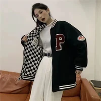 plaid baseball uniform womens spring and autumn 2022 new hong kong style retro students loose bf two sided jacket ins tide