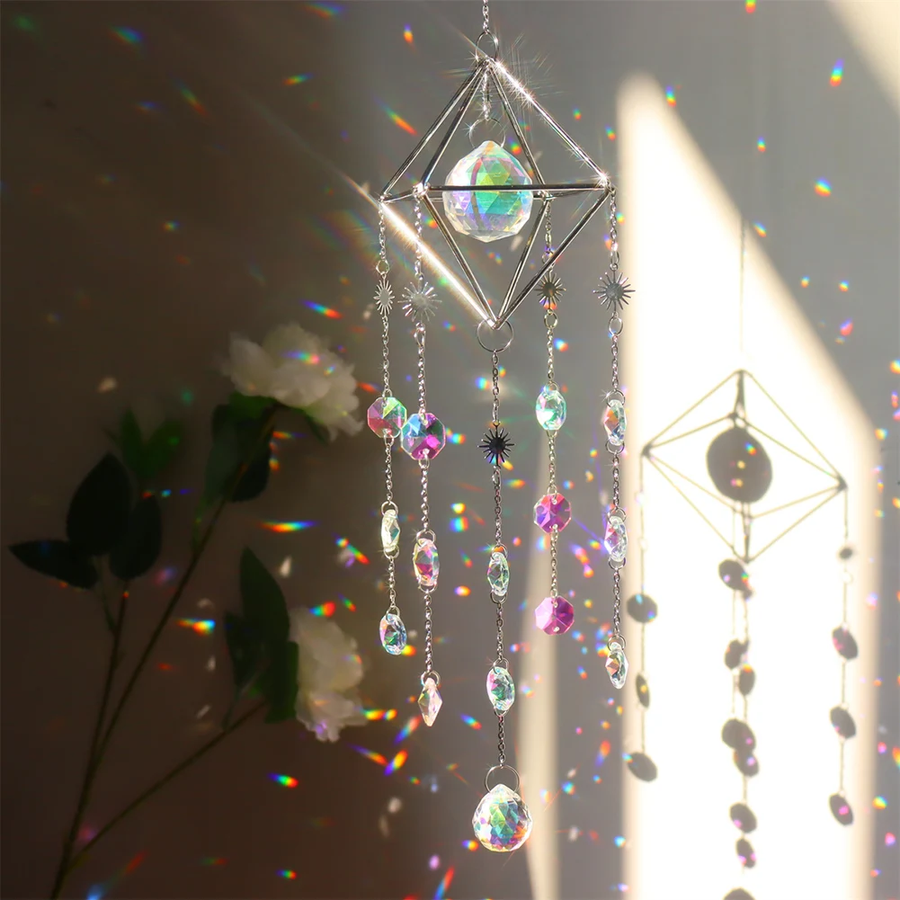 

Crystal Wind Chimes Colorful Metal Hanging Prisms Light Catcher Ornament Window Curtain Jewelry Pendant Chandelier Home Garden C