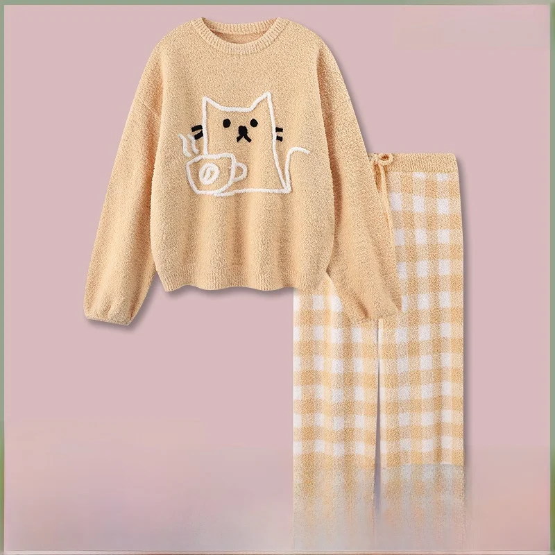 Женская пижама из кораллового флиса Молоковый чайный кот японская мода осень и