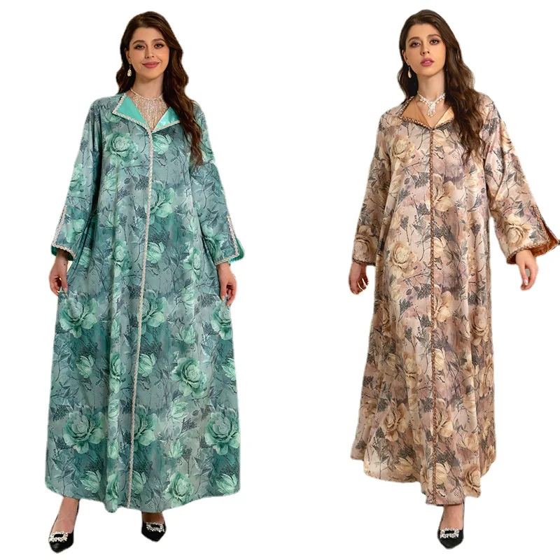 Elegant Casual Party Dress Luxury Diamonds Vintage Floral Print Long Dresses Turn-down Collar Robe Muslim Women Clothing