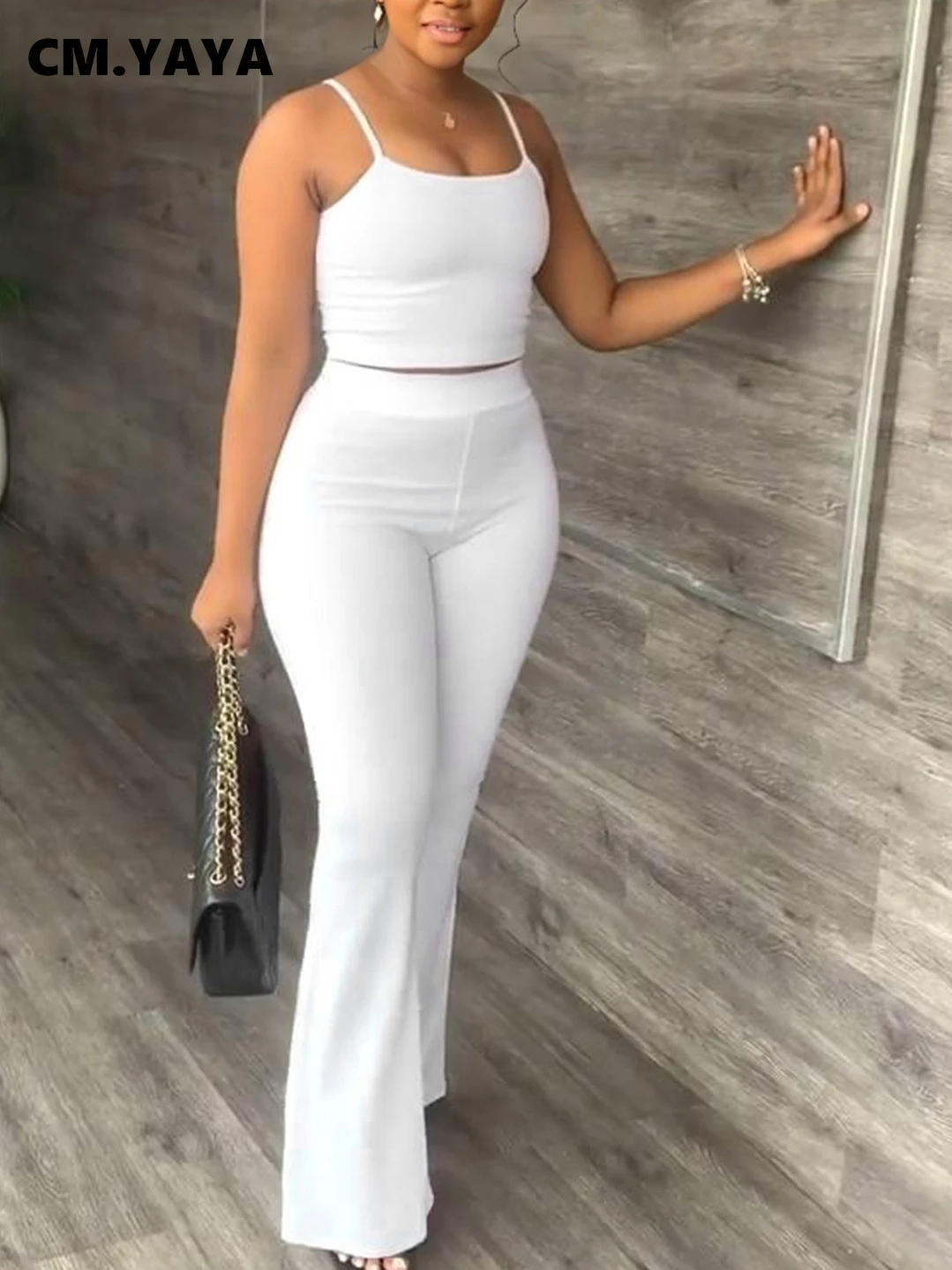 

Женский тренировочный костюм CM.YAYA, комплект из двух предметов, спортивный костюм, майка 2022 и широкие брюки-клеш, уличный спортивный костюм