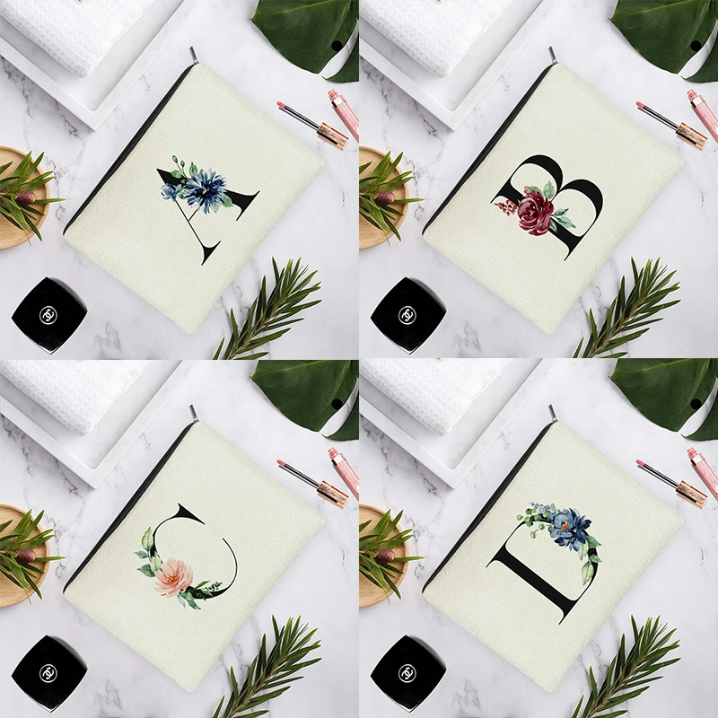 

Simple Colorful Flowers Black English Alphabets White Linen Cosmetic Bag For Women Makeup Easy Carry Storage 15x22cm/18x25cm