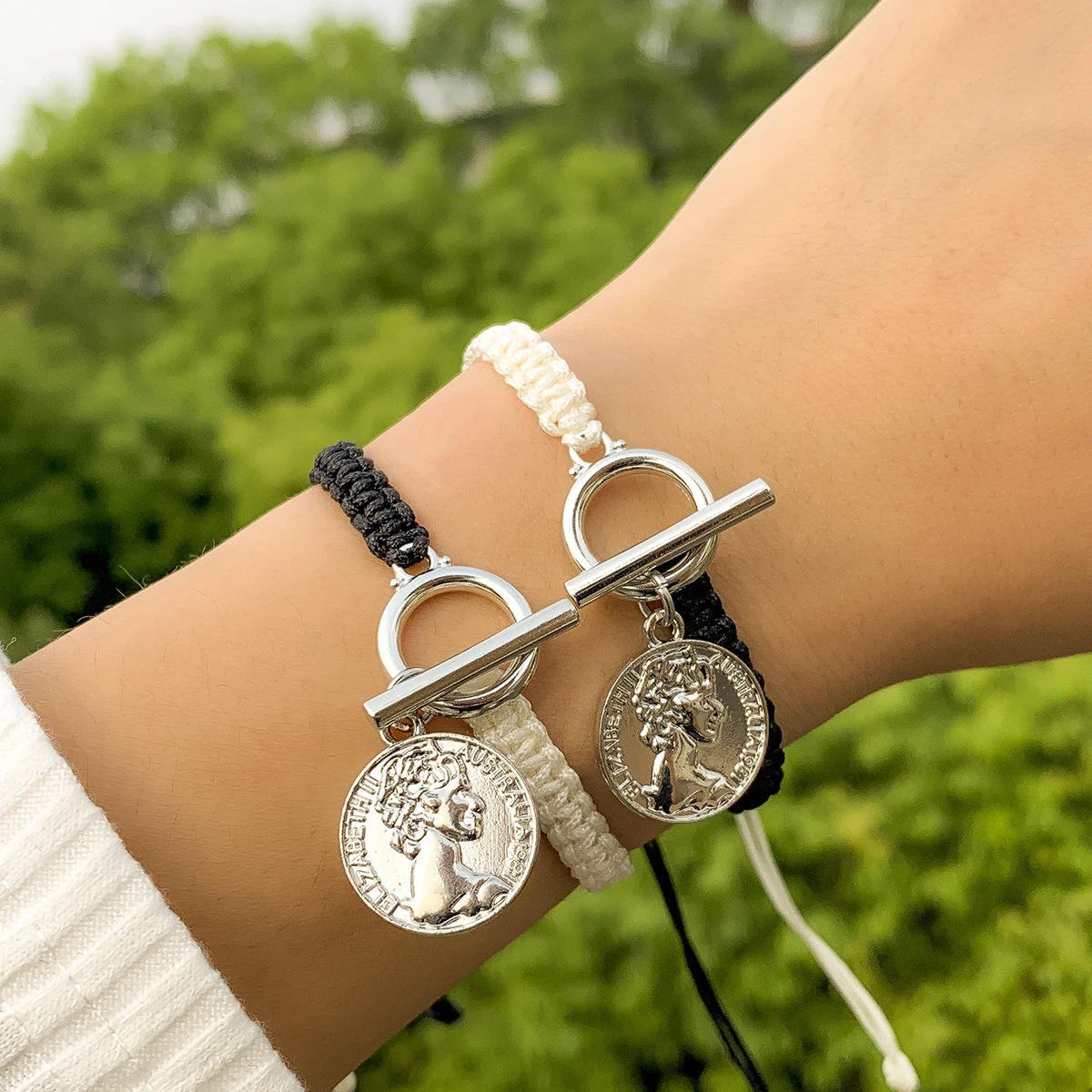 

IngeSight.Z Adjustable Human Head Disc Pendant Black/ White Rope Braid Bracelet Set for Women Men Handmade Friendship Gift