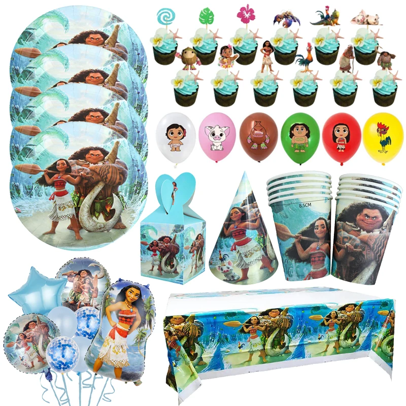 Disney Moana Princess Cartoon Party Decoration Oceania Disposable Tableware Paper Plates Cup Balloons Birthday Baby Shower Decor