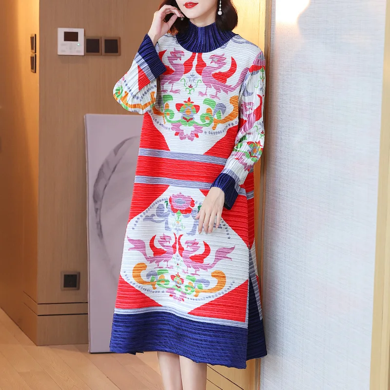 

Miyak Women Pleated Dress Velvet Print Half-High Collar Long Sleeves Loose and Elegant Dress Casual Style Autumn and Winter 2022