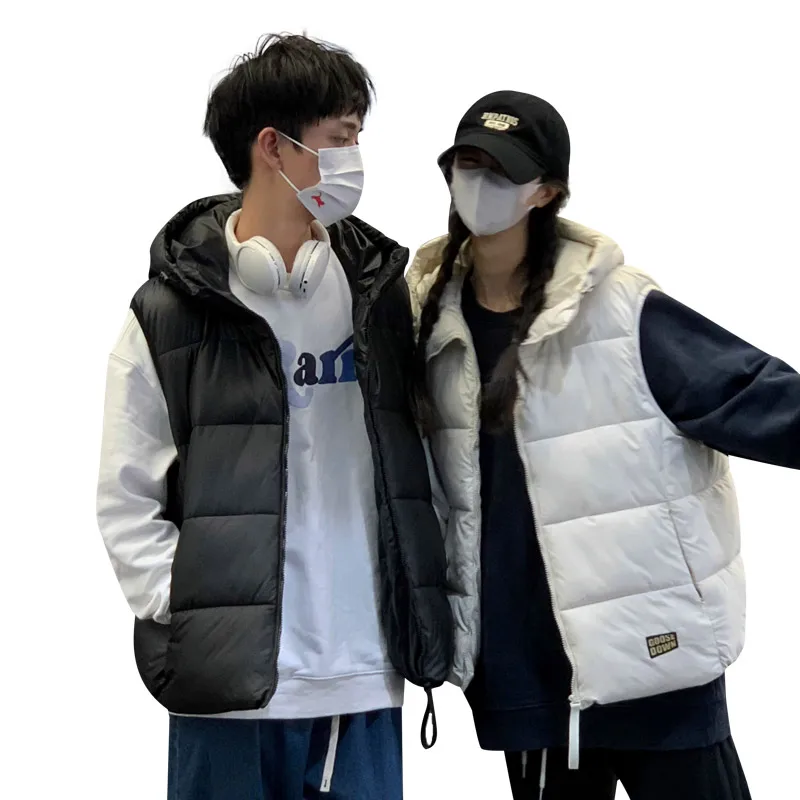 

Casual Black White Couple Vest Jacket Hooded Women Sleeveless Autumn Winter Female Ultra Lightweight Warm Cotton Liner Waistcoat