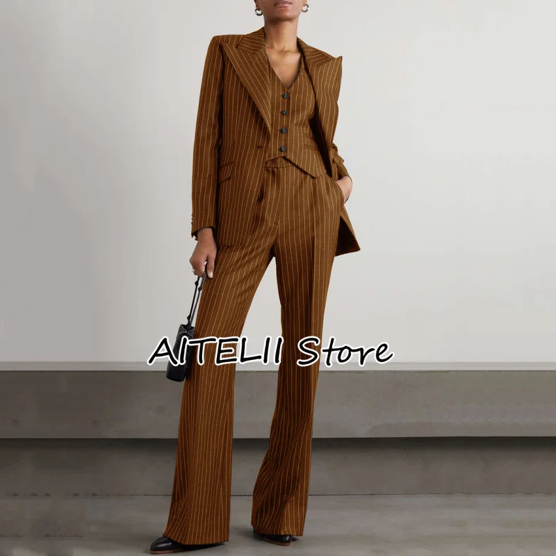 Women's Three-piece Suit Fashion Stripe Slim Fit Lapel (Jacket + Vest + Trousers) Collar Single-breasted for Business Casual Top