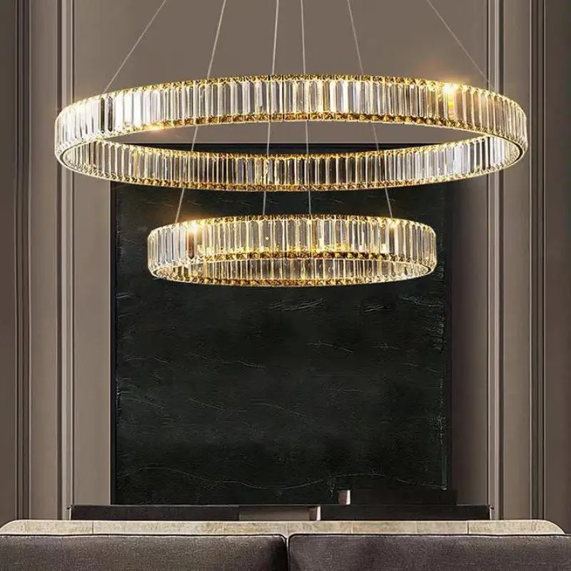 

Modern Luxury Crystal Led Chandelier Villa Stairs Dimmable Circle Droplight Lighting Foyer Hanging Living Room Lamp Fixtures