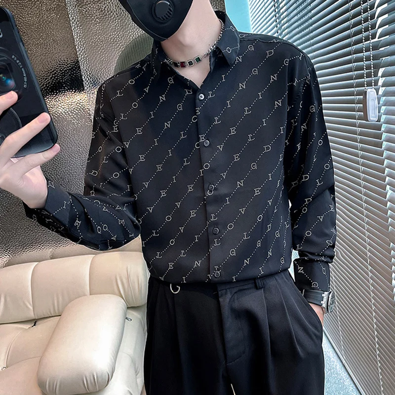 2022 Letter Print Shirts Men Autumn Long Sleeve Casual Slim Shirt Business Dress Shirts Social Party Streetwear Camisa Masculina